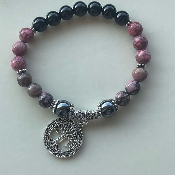 Rose coral jasper rhodonite hematite obsidian tree of life ONE NEW stretch brace - Picture 8 of 16